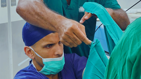 Two people in surgical scrubs work together and focus intently on a procedure in progress.