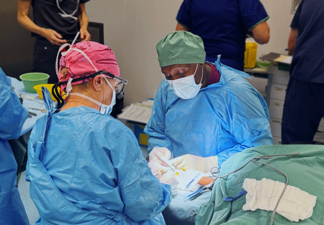 Two surgeons work together on an unseen procedure.