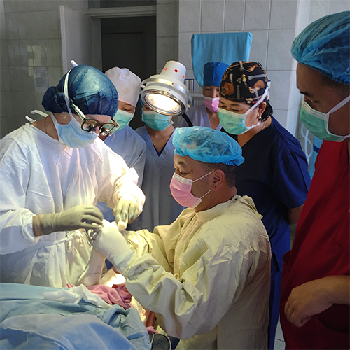 A group of clinicians carefully operate on an unseen patient.